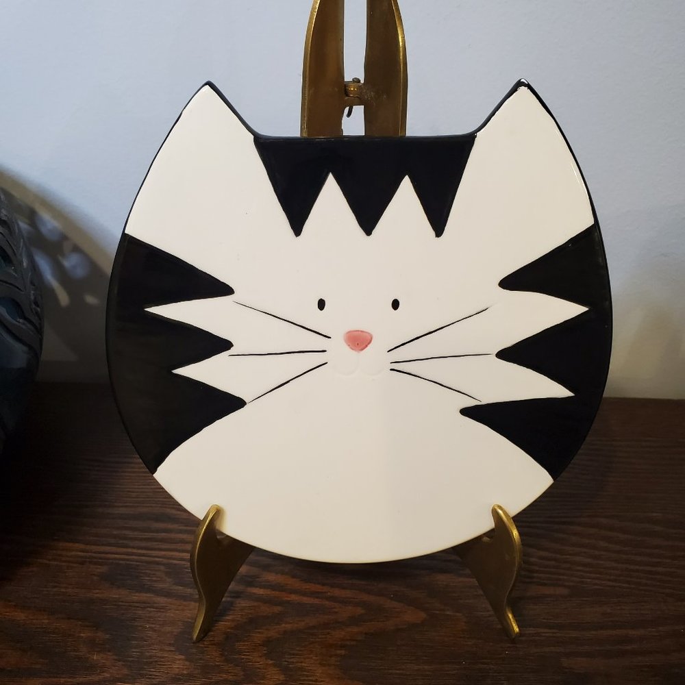 Russ Berrie Ceramic Trivet Spoon Rest Black White Cat Cork READ